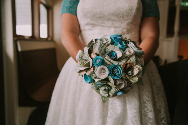 Paper flower bouquet made from maps in turquoise and white